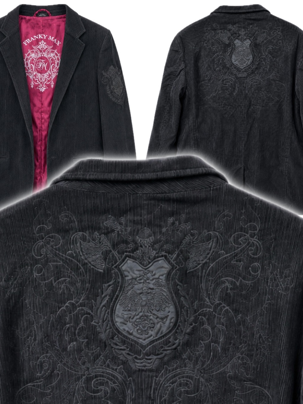 Franky Max XL Black Corduroy Blazer Embroidered Crest Gothic Rock Y2K Jacket